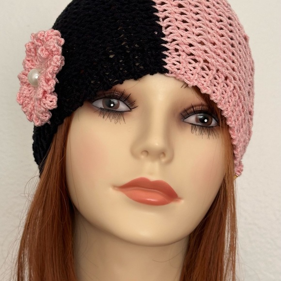 Hand Knits 2 Love Headband Bandana Headwrap Flower Pearls Designer Black Pink main image 5